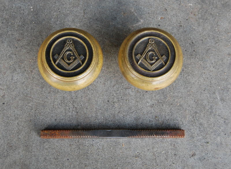 Antique Cast Brass Freemason Masonic Doorknob Set, Vintage Door Hardware