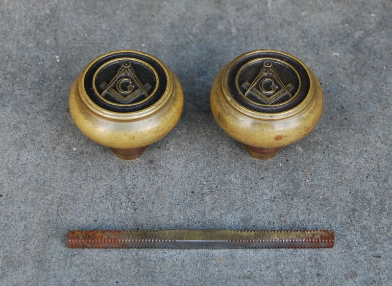 Antique Cast Brass Freemason Masonic Doorknob Set, Vintage Door Hardware