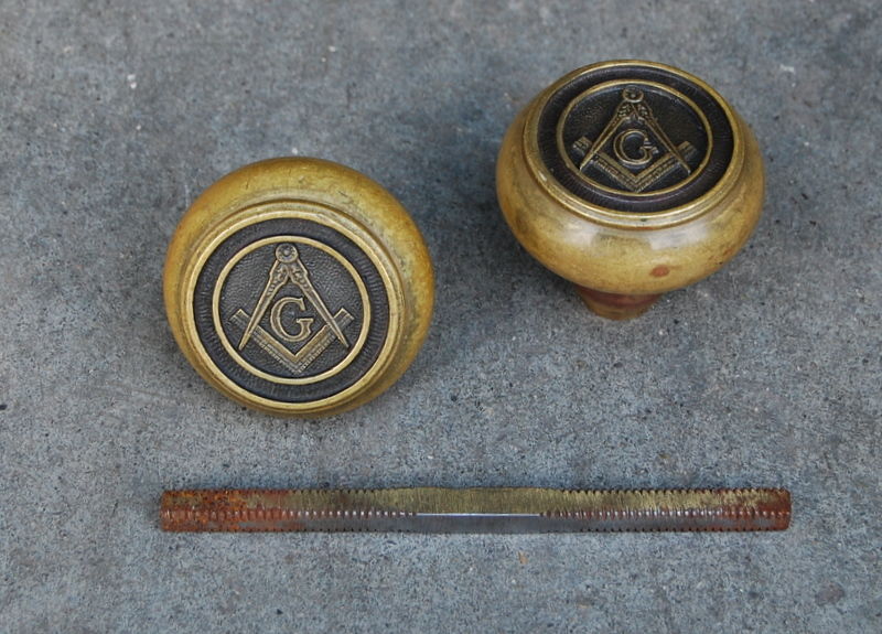 Antique Cast Brass Freemason Masonic Doorknob Set, Vintage Door Hardware