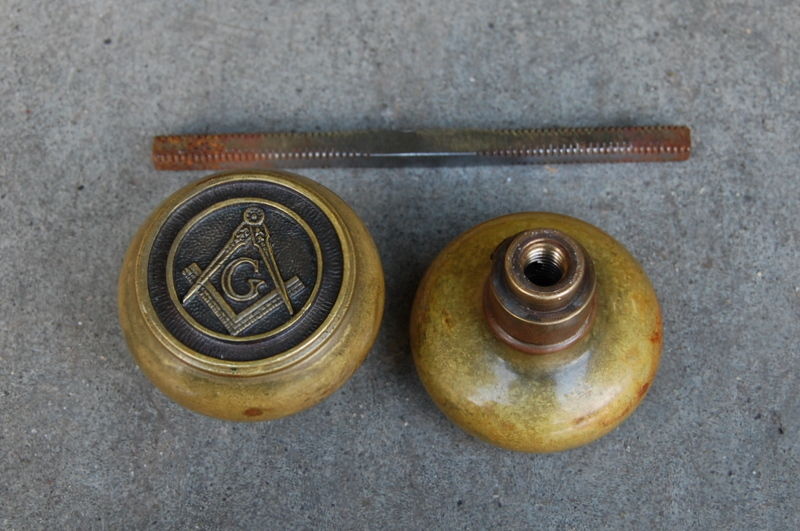 Antique Cast Brass Freemason Masonic Doorknob Set, Vintage Door Hardware