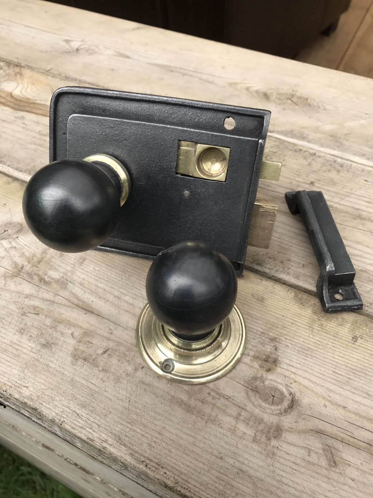 Reclaimed Vintage Cast Iron Rim Lock, Wooden Knobs And Keep
