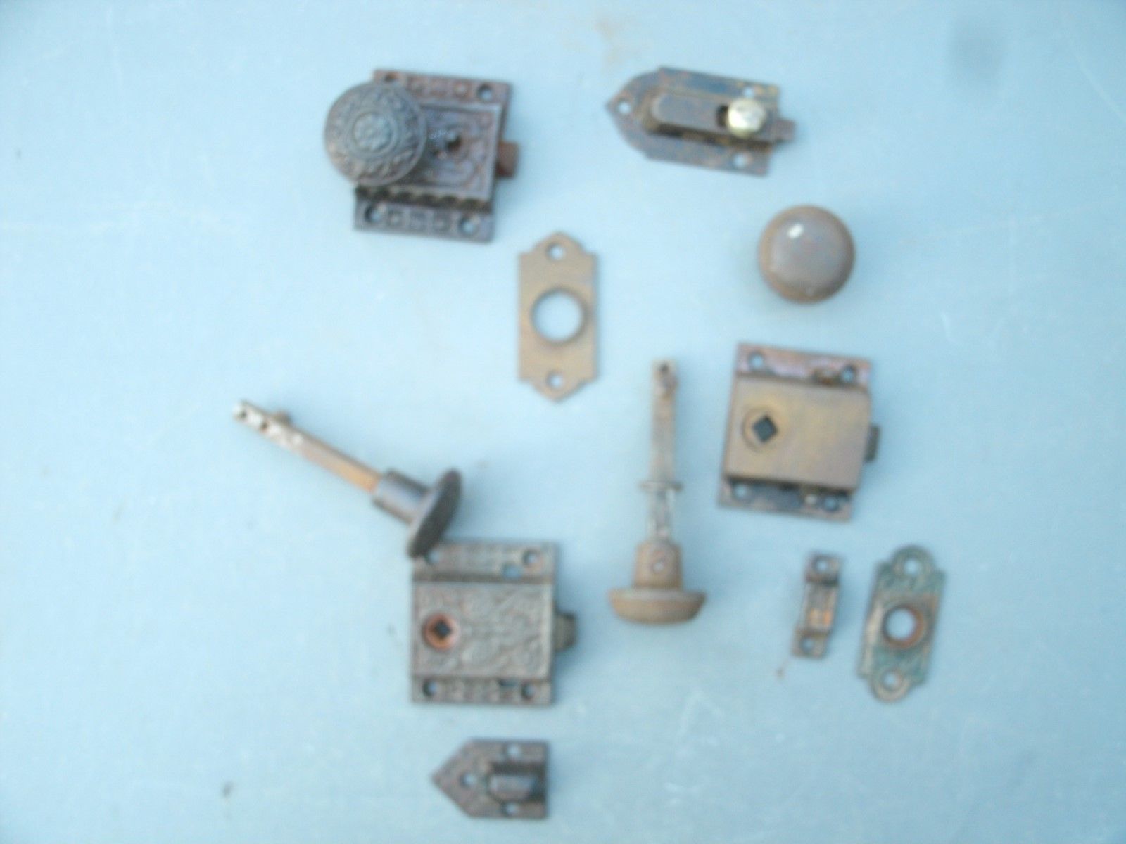 Antique vtg Victorian Cast Iron Hardware screen door latch knobs Lot Handle Part