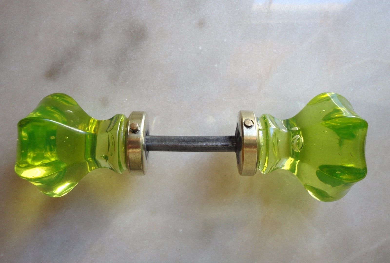 1 Pair ANTIQUE DOOR KNOBS - URANIUM GREEN Glass - VICTORIAN ERA Pulls Handles