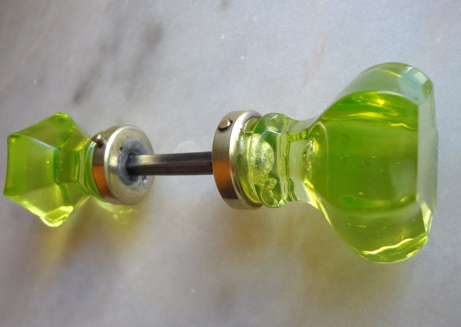 1 Pair ANTIQUE DOOR KNOBS - URANIUM GREEN Glass - VICTORIAN ERA Pulls Handles