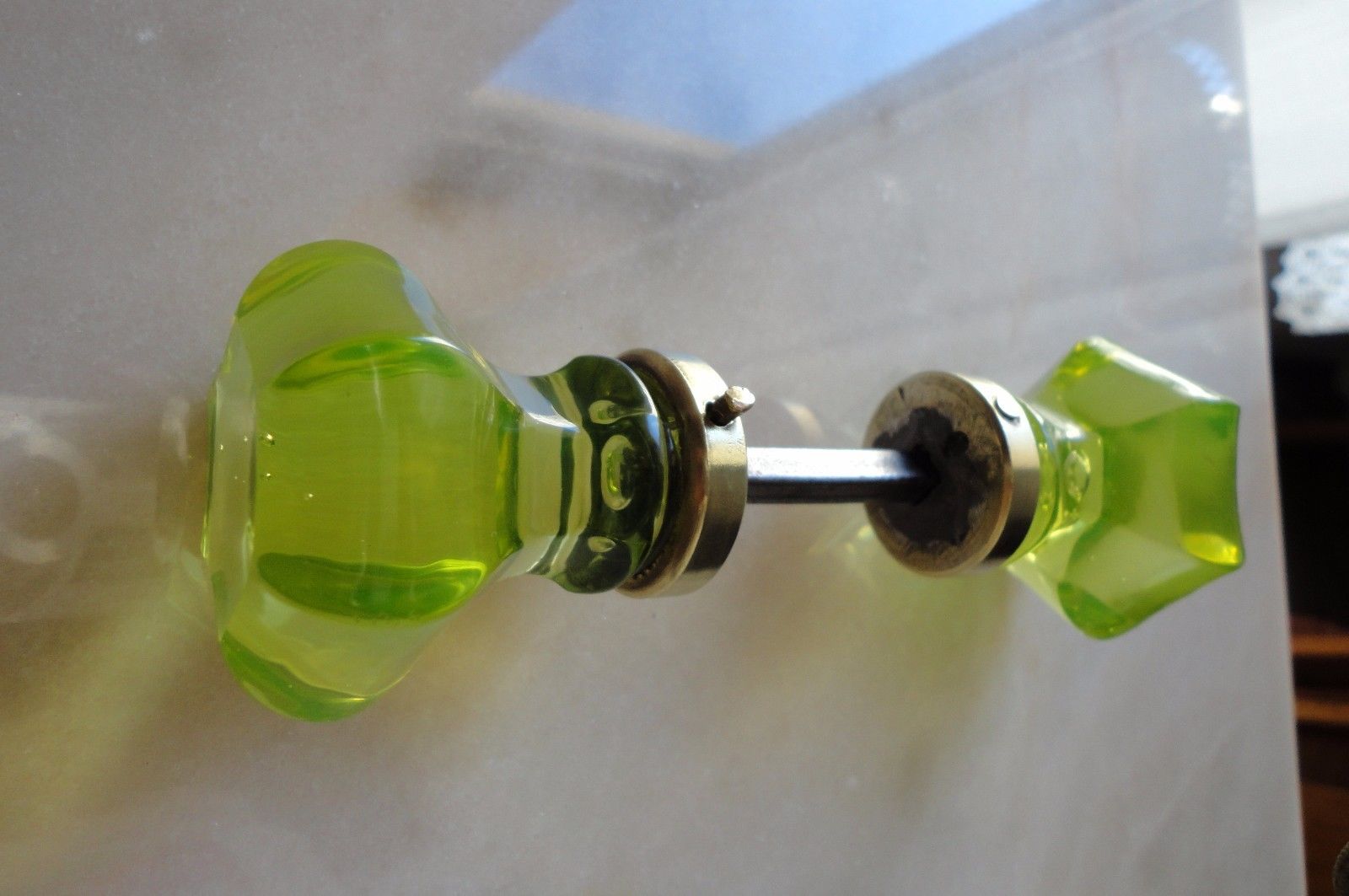 1 Pair ANTIQUE DOOR KNOBS - URANIUM GREEN Glass - VICTORIAN ERA Pulls Handles