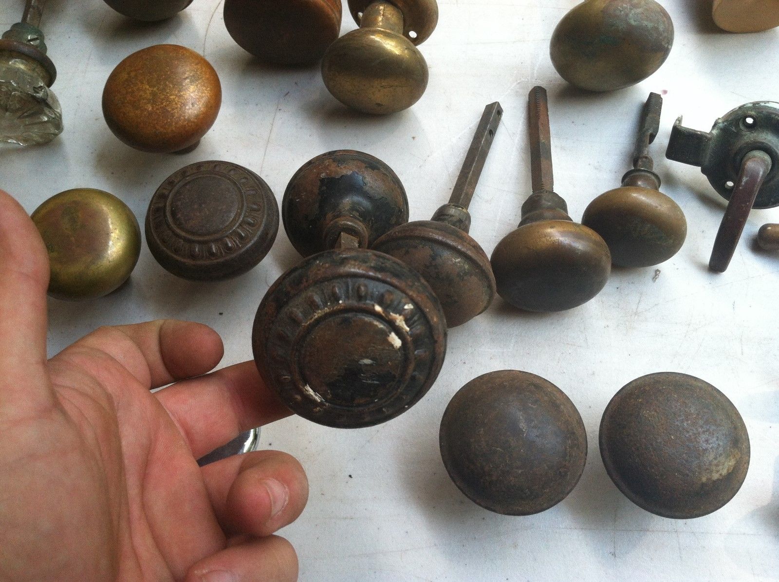 Lot of antique Vtg door knobs handles Wood Glass Brass Iron Steel Art Deco