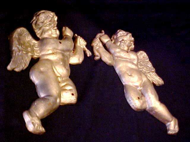 PAIR Antique 12" Cast Iron CUPID Putti CHERUB Wall Hanging GARDEN ART Figurines