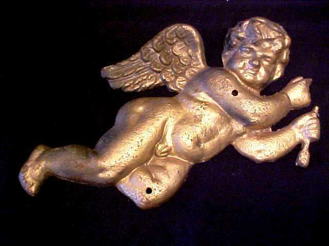 PAIR Antique 12" Cast Iron CUPID Putti CHERUB Wall Hanging GARDEN ART Figurines