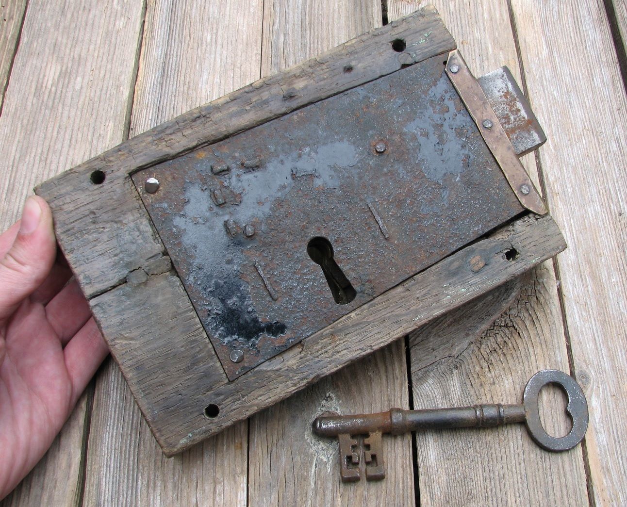 Antique Large Oak and Brass Door Lock  - WITH KEY / Wood / Wooden / Iron