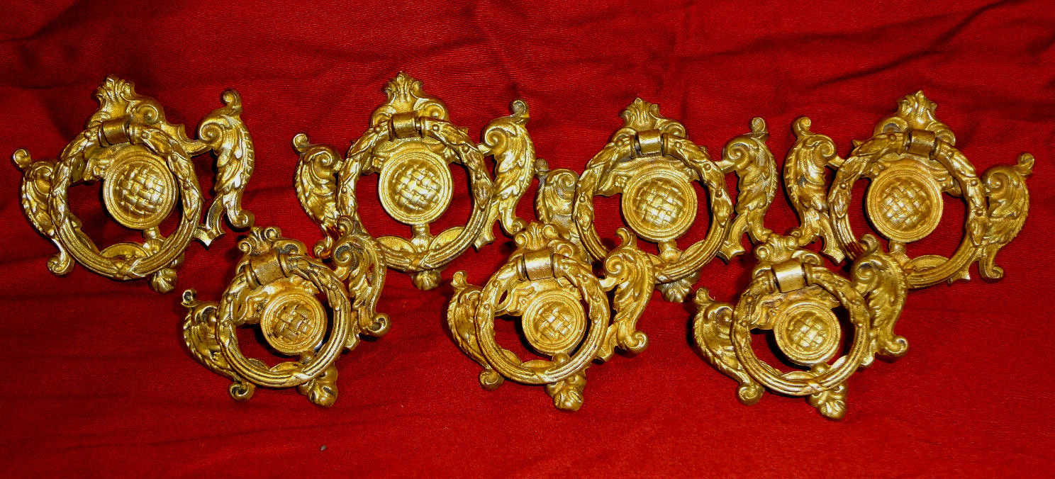 SEVEN Antique Ornate Victorian Cast Brass Wreath Drop Ring Drawer Pulls Hardware