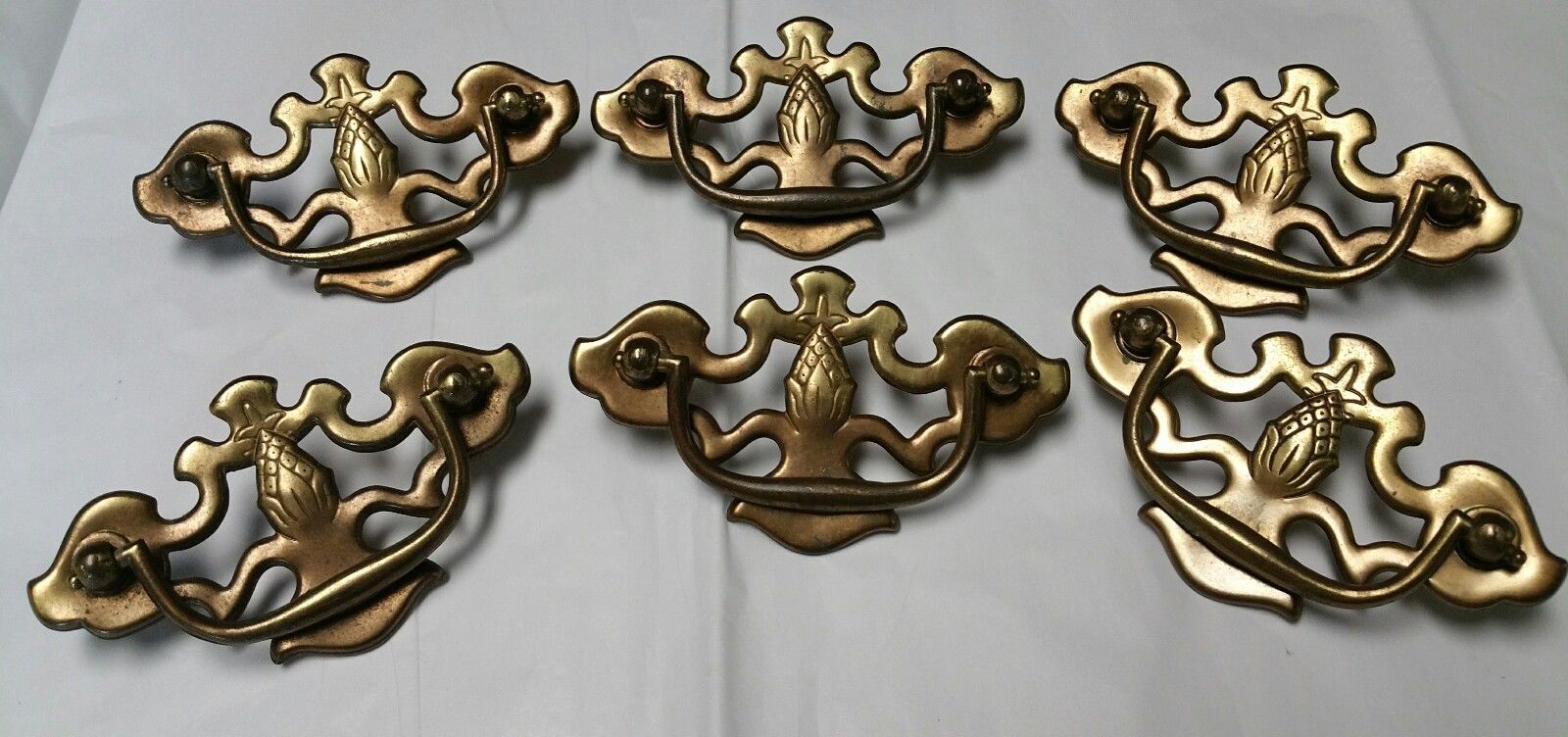 Set of 6 Brass Plated Pineapple Chippendale Drawer Handle Pulls vintage hardware