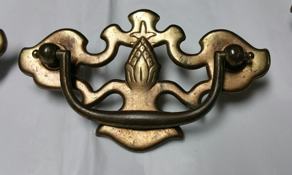 Set of 6 Brass Plated Pineapple Chippendale Drawer Handle Pulls vintage hardware