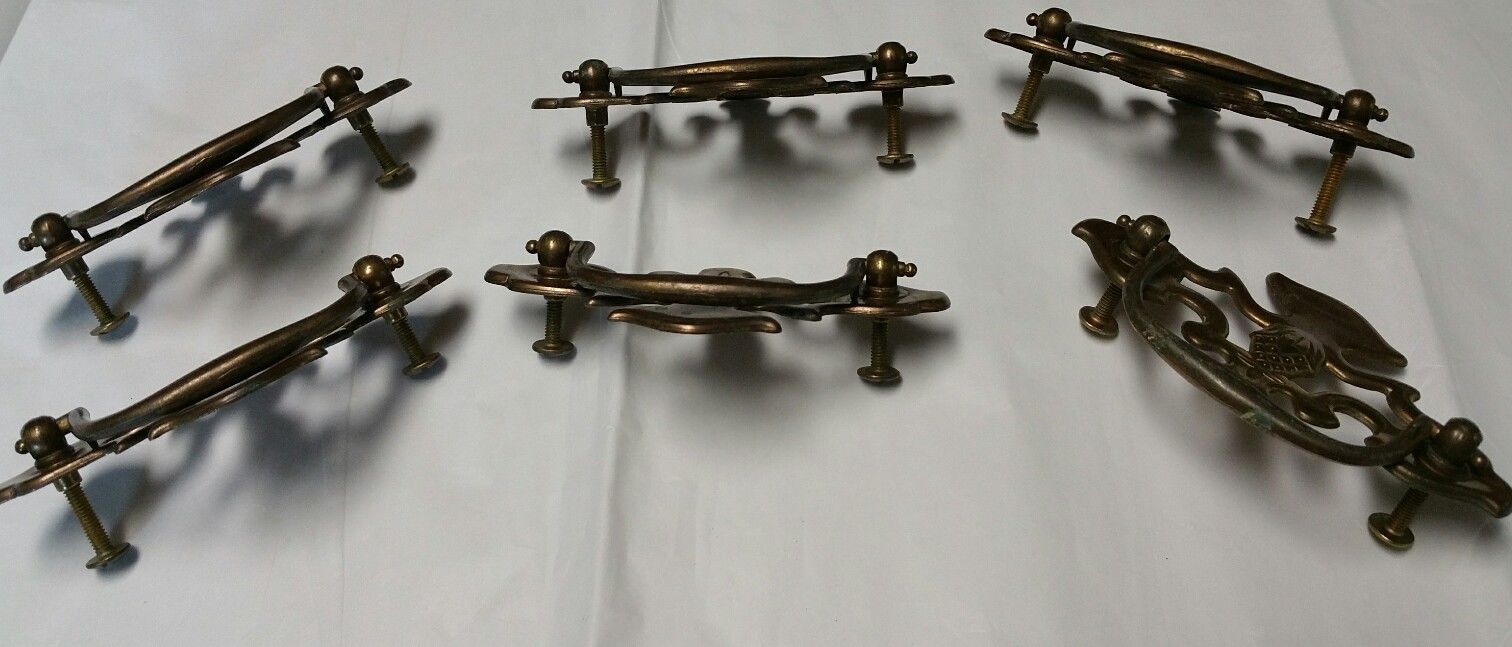 Set of 6 Brass Plated Pineapple Chippendale Drawer Handle Pulls vintage hardware