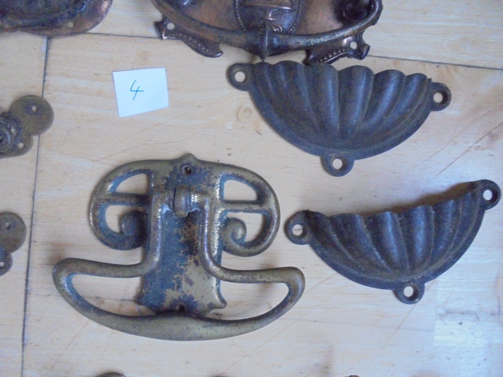 Old Brass furniture handles with back plates 10 altogether 4 back plates Birds w