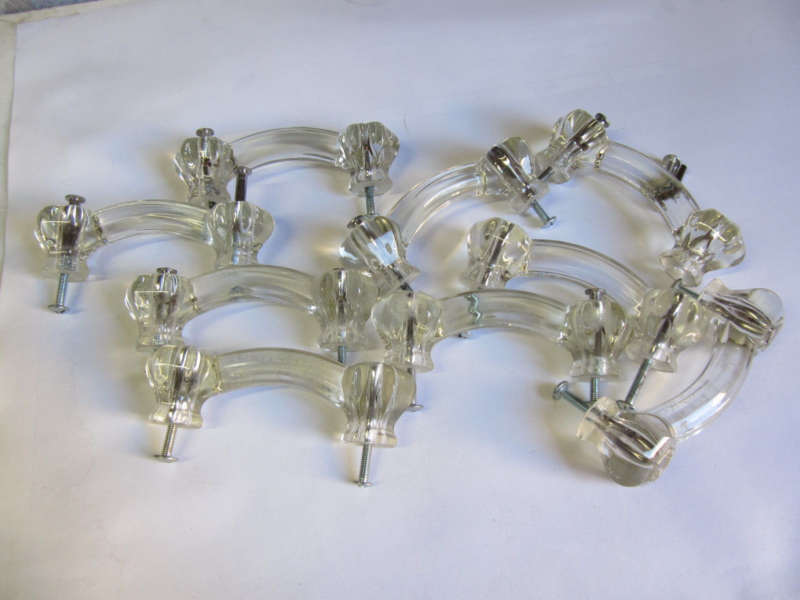 9 Clear Glass Victorian Style Cabinet Pulls 4'' holes with Hardware - Nice