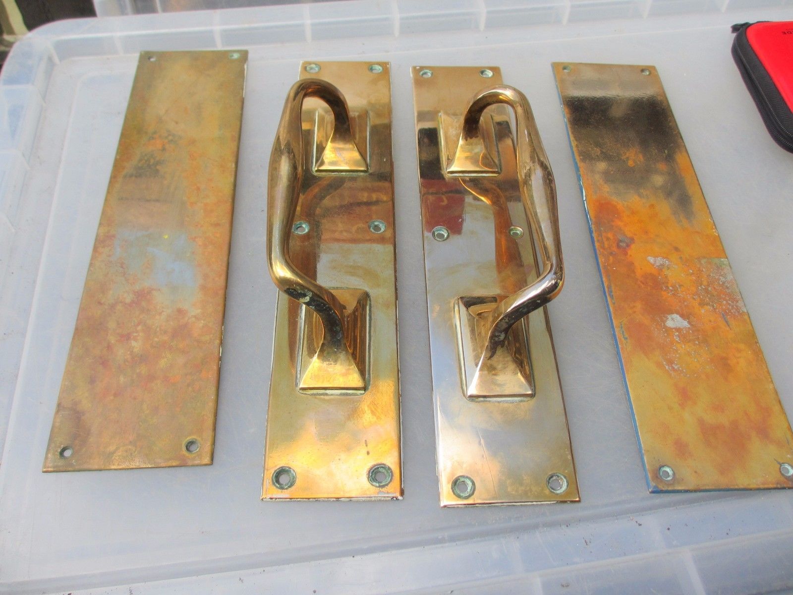 Antique Bronze Door Handles Pulls Set Finger Push Plates Shop Vintage Old 12"