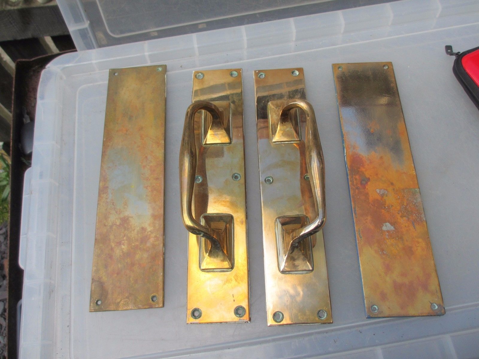 Antique Bronze Door Handles Pulls Set Finger Push Plates Shop Vintage Old 12"