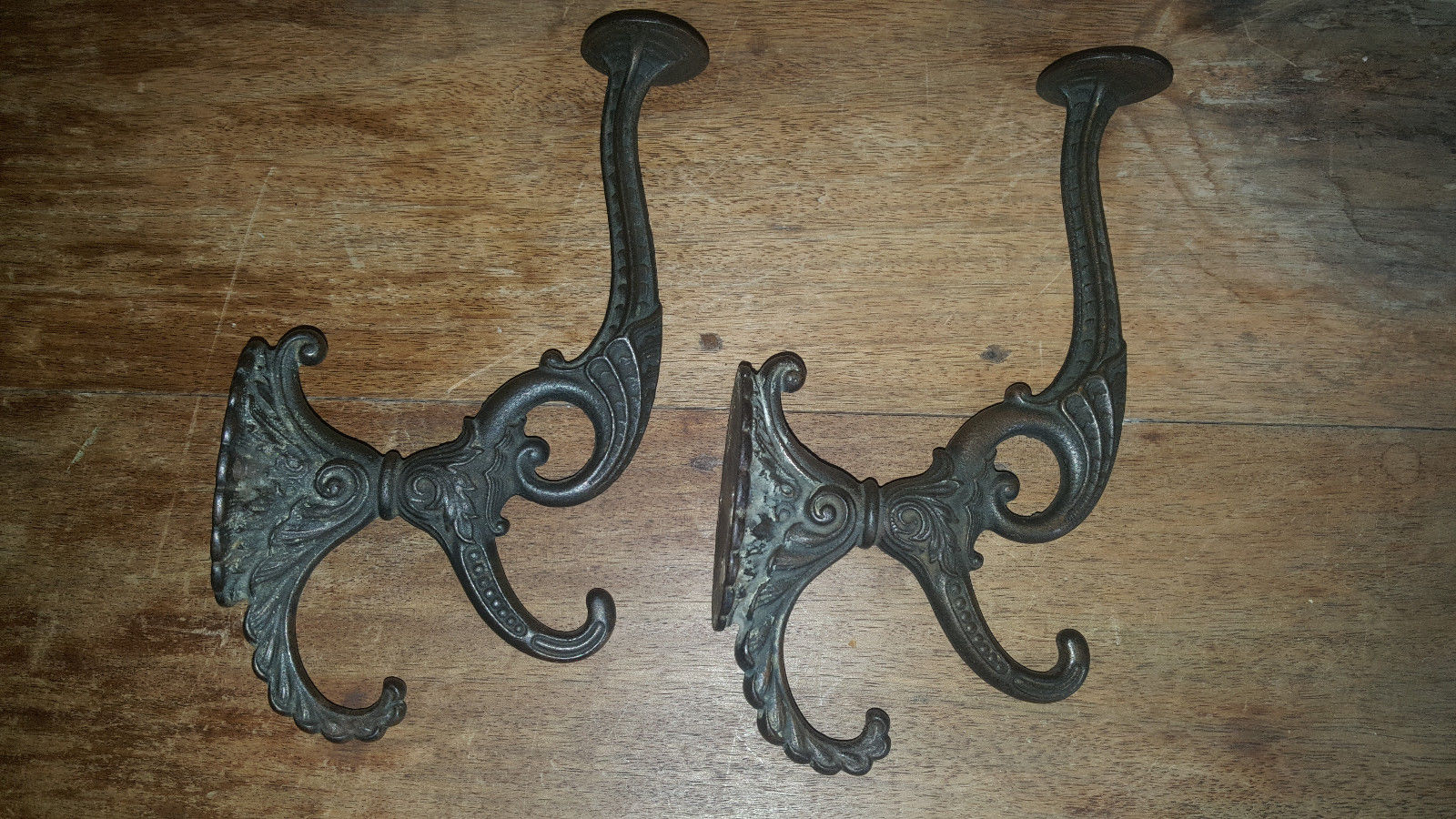 (2) Pair Original - Antique Victorian Cast Iron Coat And Hat Hooks