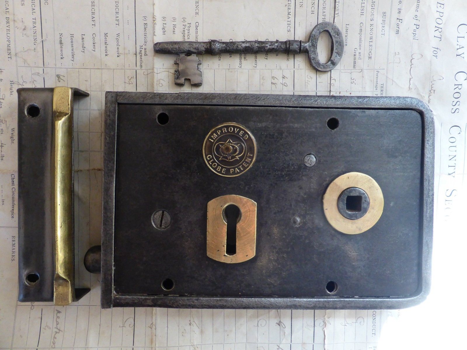7" x 4.5" Victorian Cast Iron & Brass Door Rim Lock Key & Carpenter Keep antique