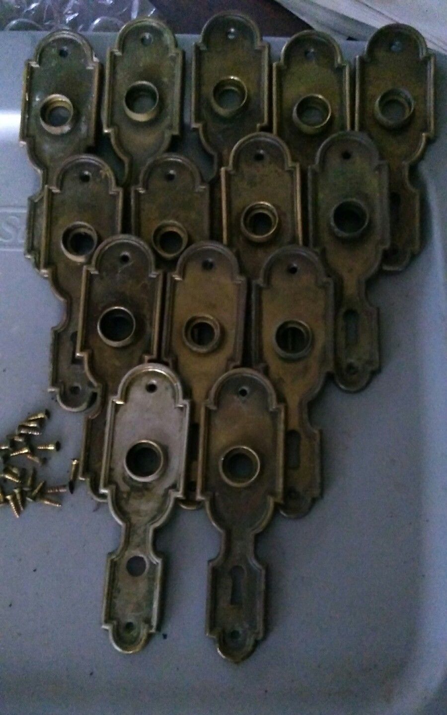 14 Victorian ART DECO brass Door Knob escutcheons plates Hardware Antique vtg