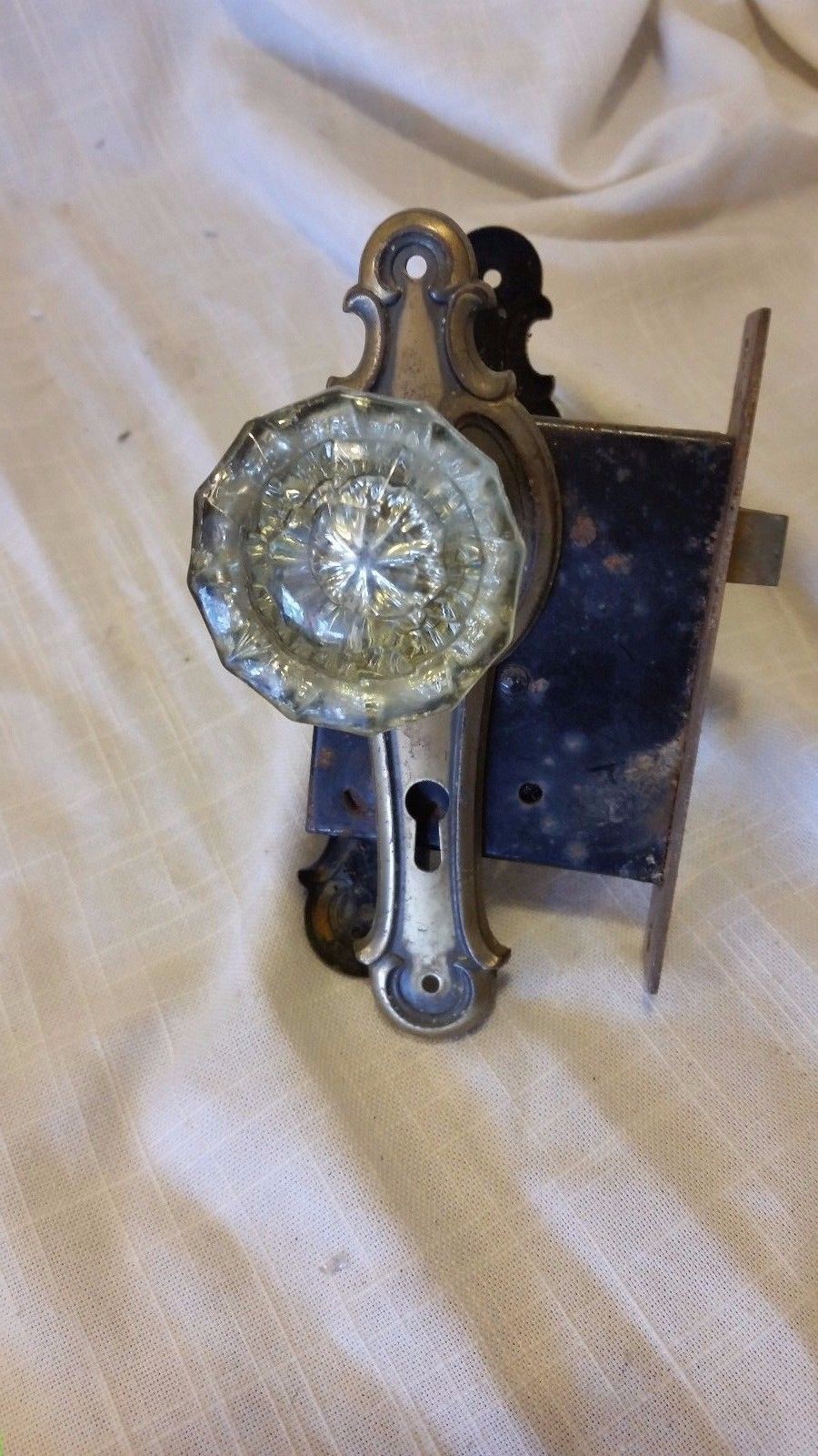 Vintage Glass Door Knob & Mechanism & Brass Plates