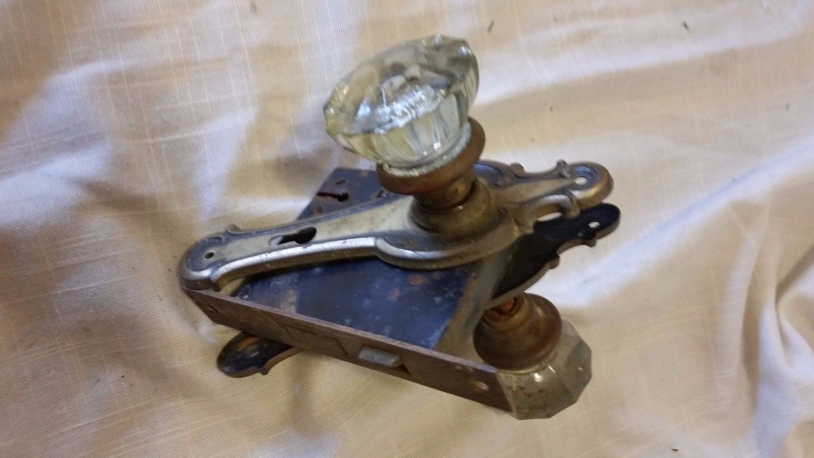 Vintage Glass Door Knob & Mechanism & Brass Plates