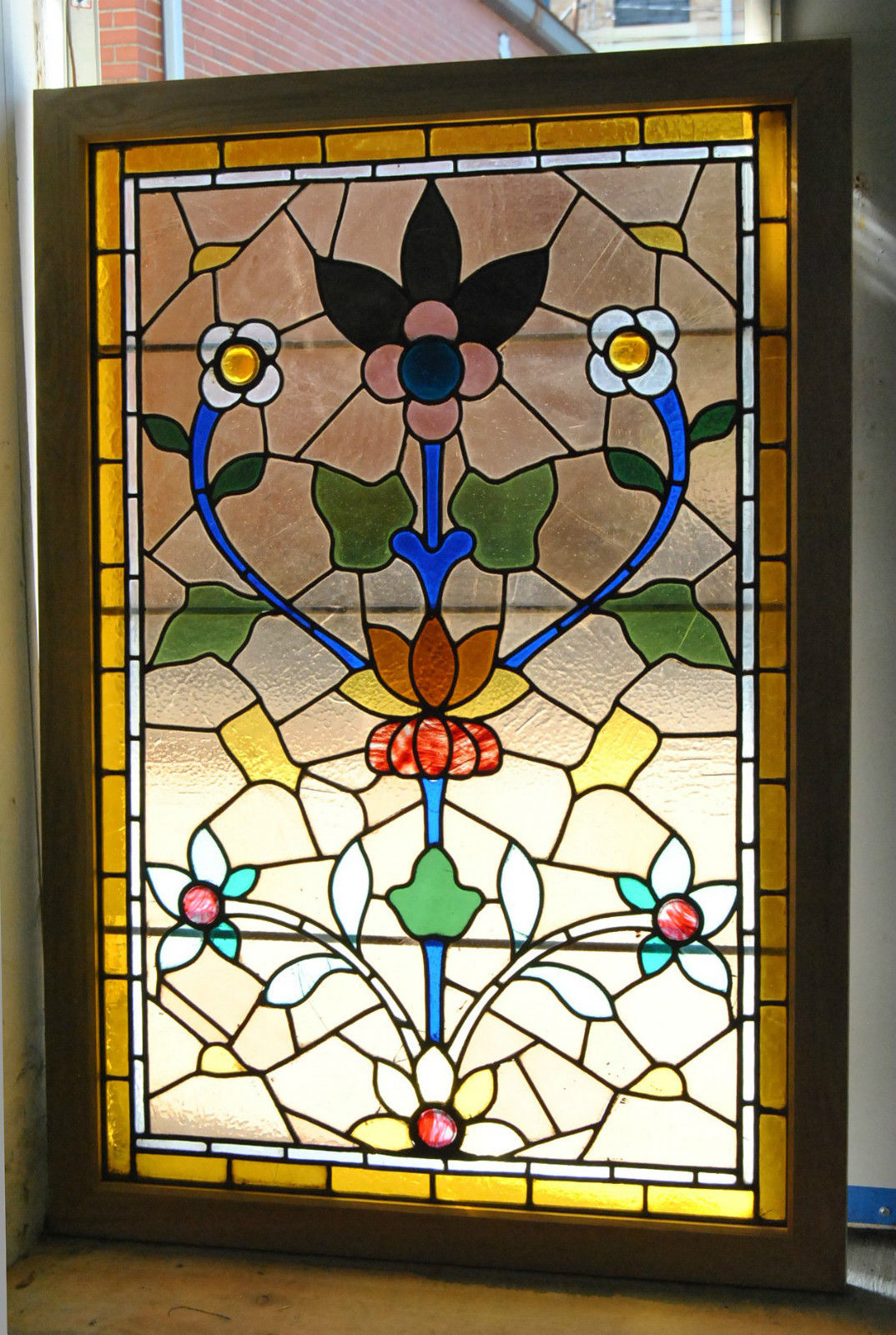 Vintage Stained Glass Window with Floral Pattern - Light Smokey Background