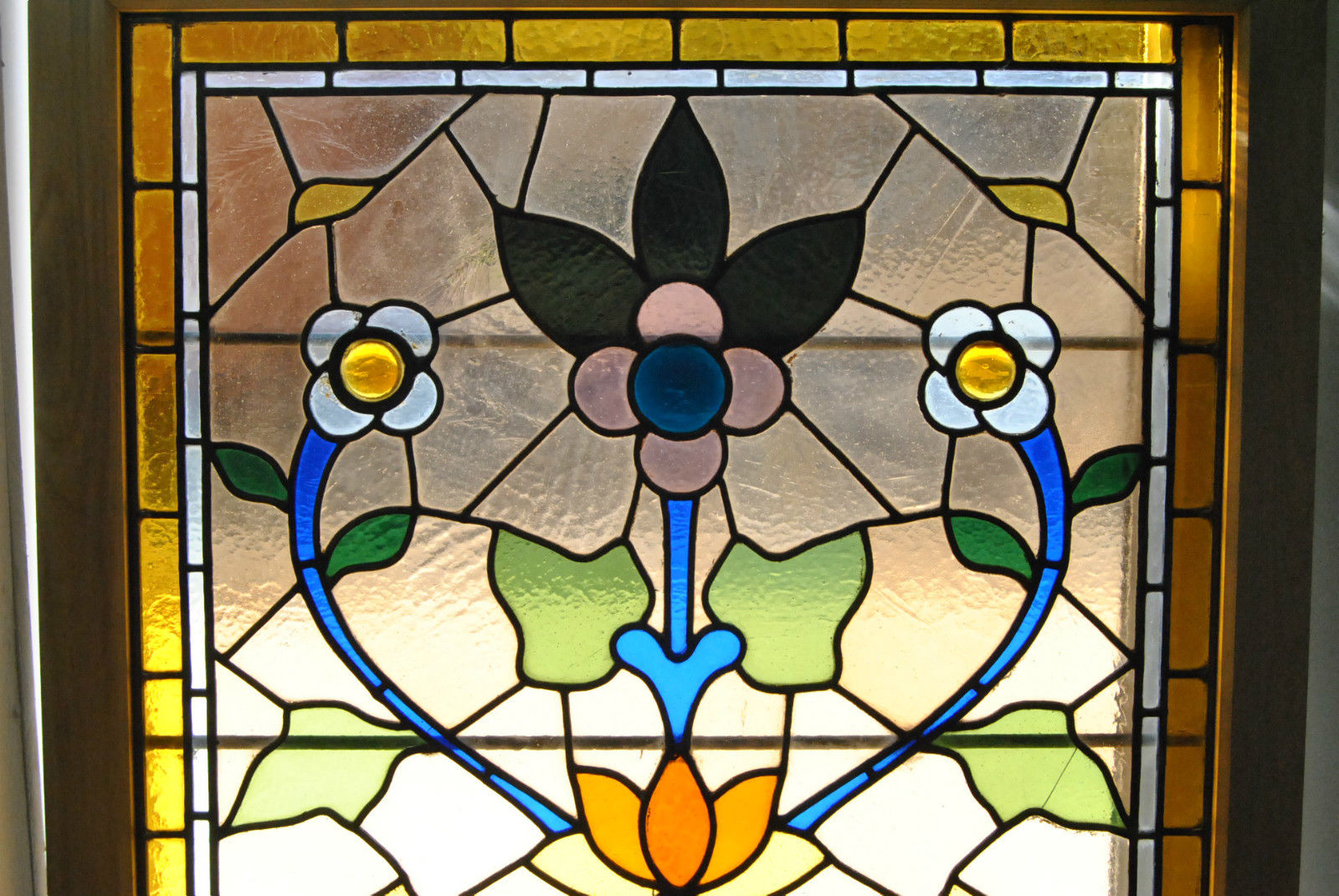 Vintage Stained Glass Window with Floral Pattern - Light Smokey Background