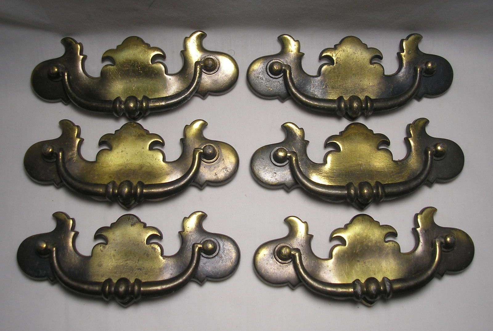 6 Vintage Brass Drawer Pulls with Great Patina Unmarked  5 1/2 in. X  2 1/4 in.