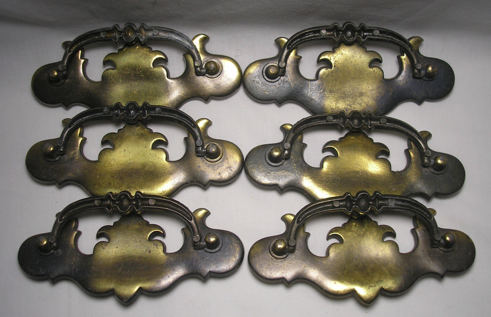 6 Vintage Brass Drawer Pulls with Great Patina Unmarked  5 1/2 in. X  2 1/4 in.