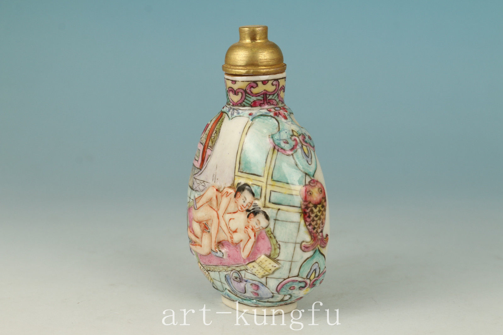 Chinese Porcelain Handmade Carved Bed Reading Statue SNuff Bottle