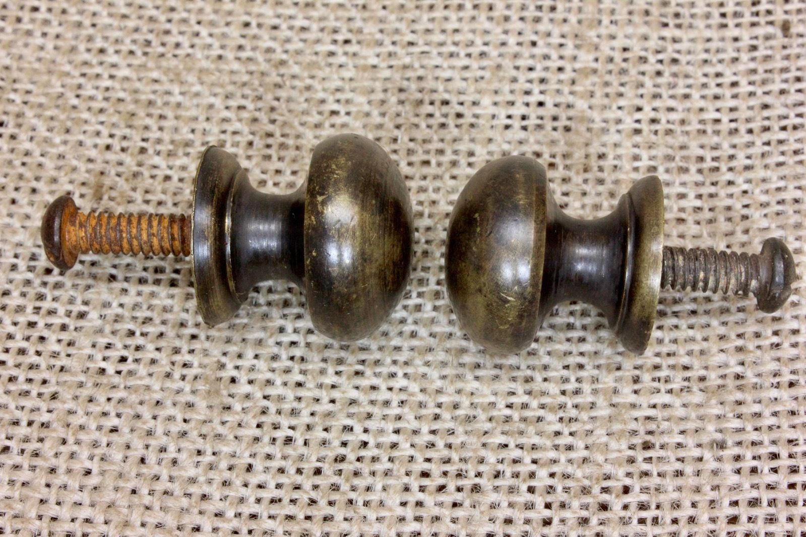 2 old Drawer pulls 7/8” Door dark tarnished brass knobs Vintage 1800’s French
