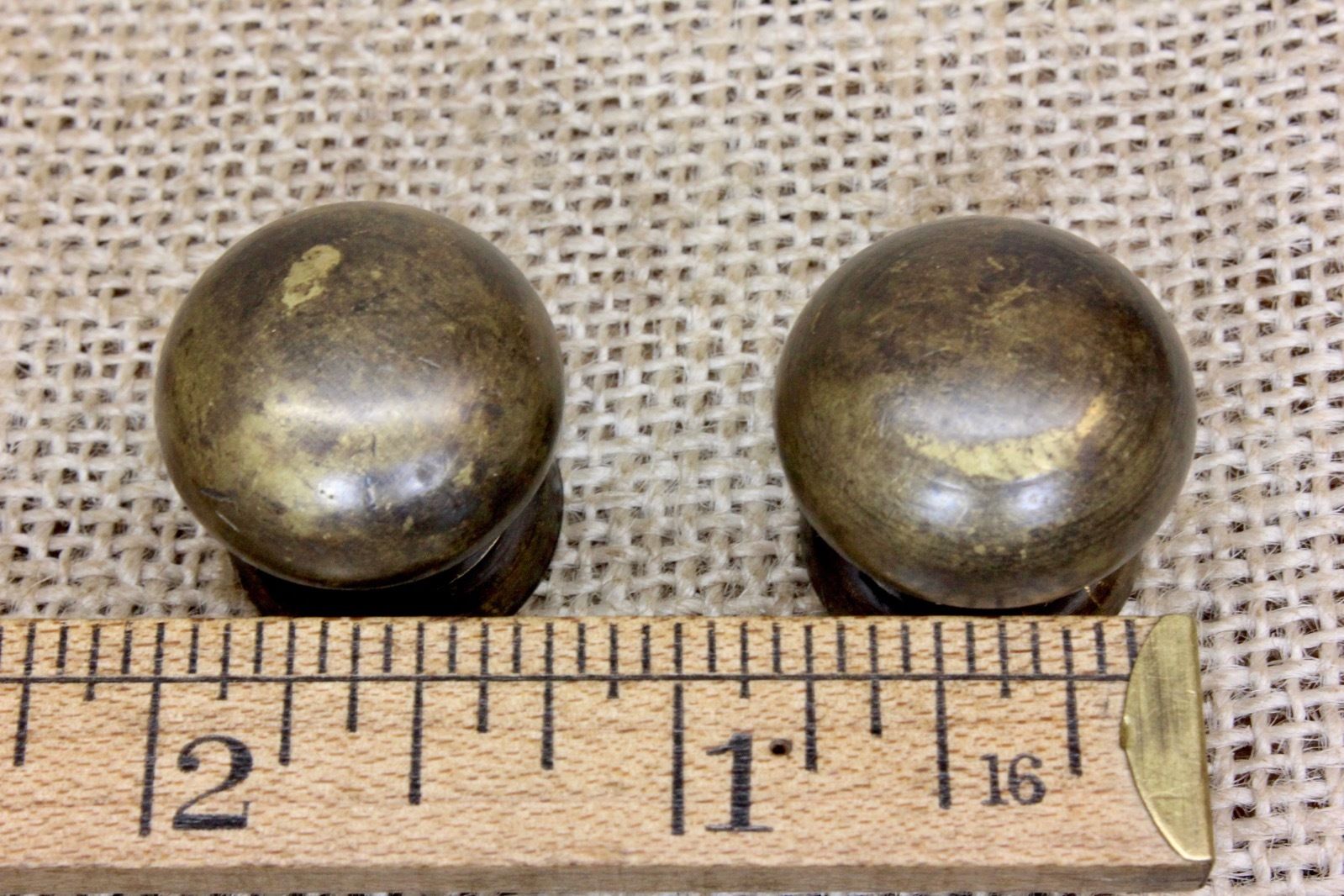 2 old Drawer pulls 7/8” Door dark tarnished brass knobs Vintage 1800’s French