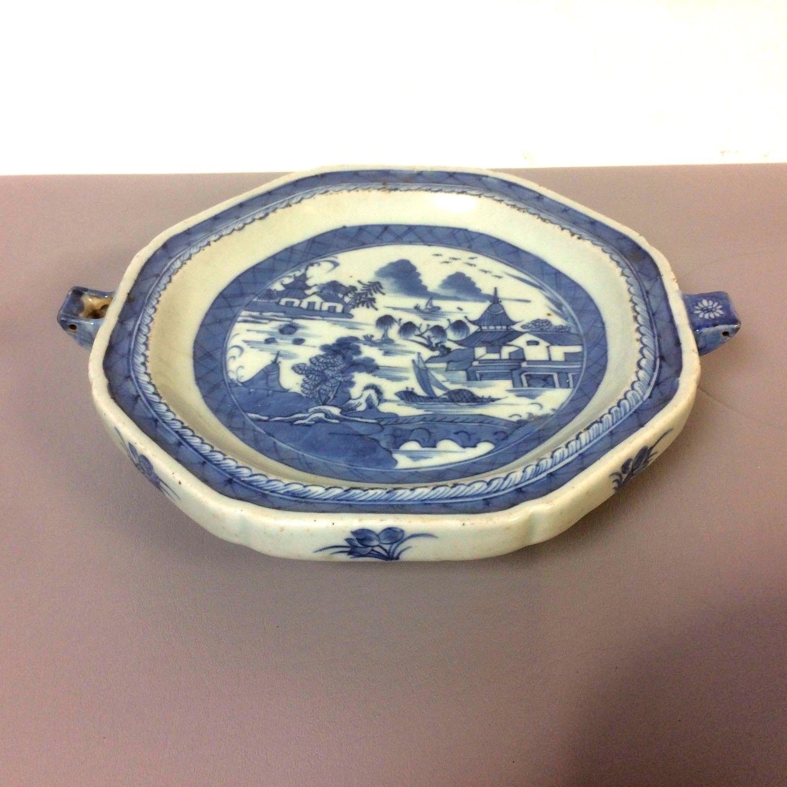 19th Century Chinese Porcelain Canton Blue Willow Dish Warmer Hot Water Plate
