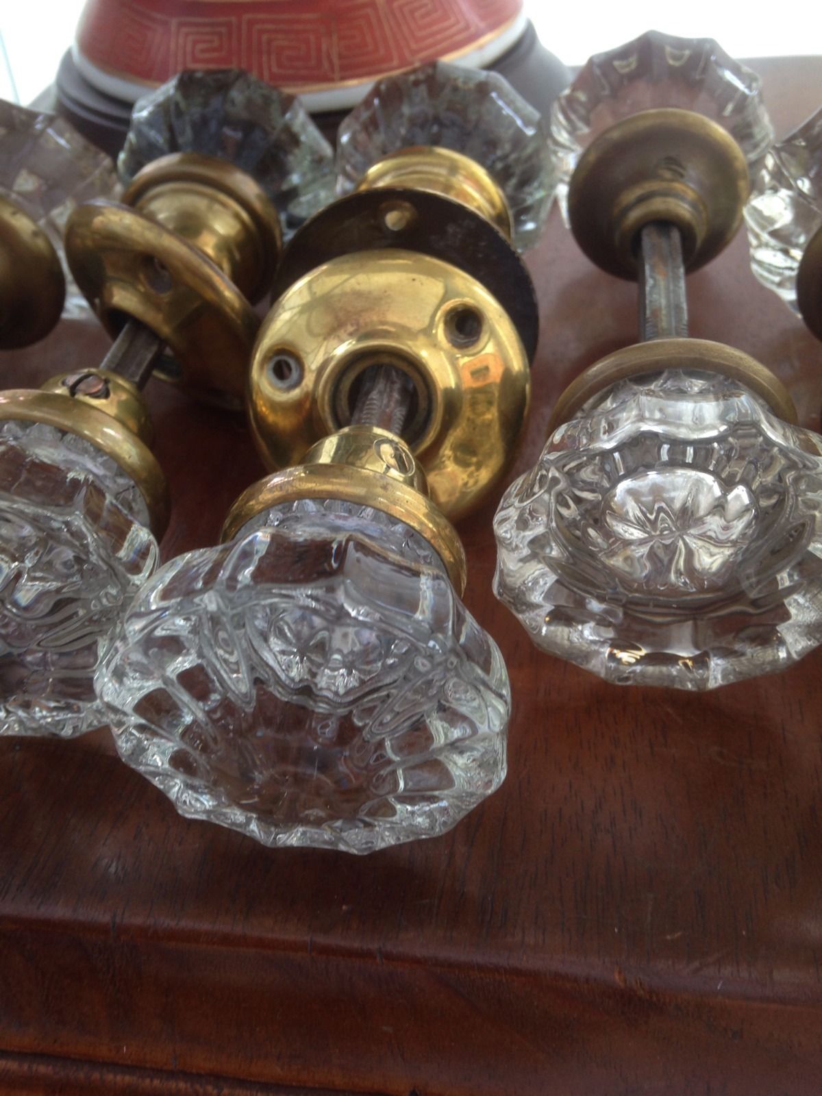 Vintage old Victorian Glass & Brass Door knobs X 7 Pairs