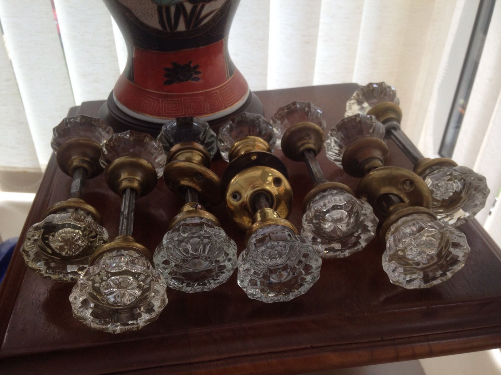 Vintage old Victorian Glass & Brass Door knobs X 7 Pairs