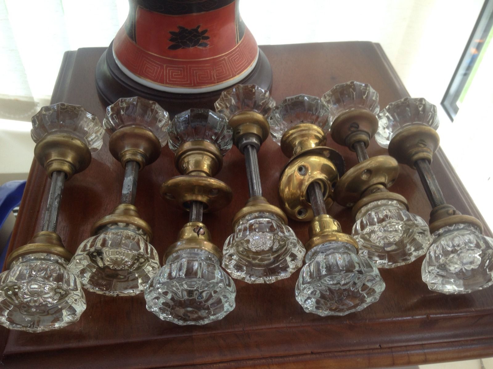 Vintage old Victorian Glass & Brass Door knobs X 7 Pairs