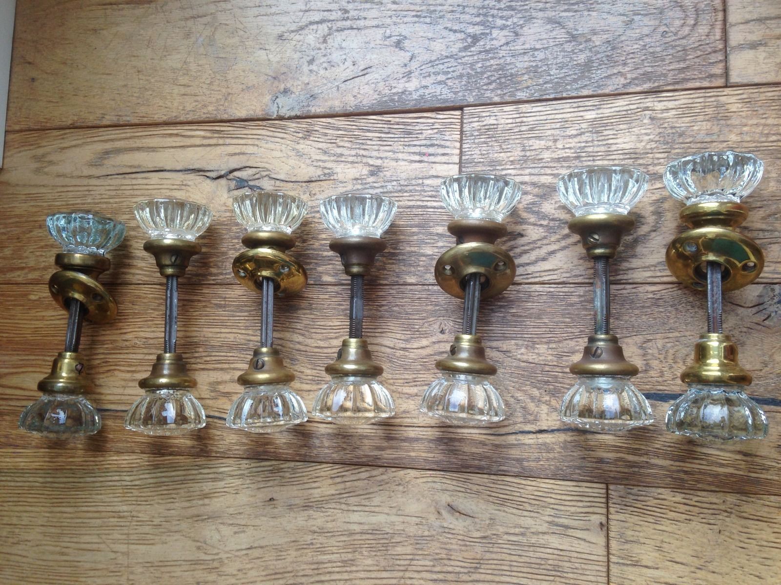 Vintage old Victorian Glass & Brass Door knobs X 7 Pairs