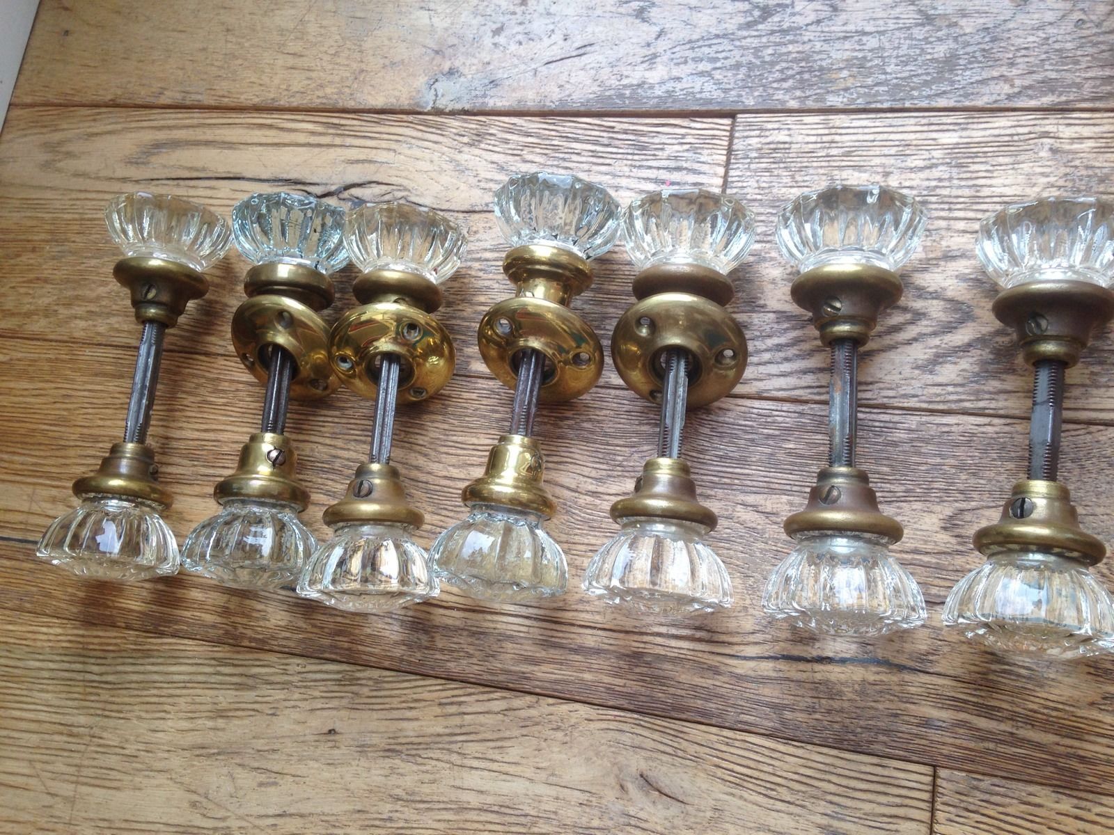 Vintage old Victorian Glass & Brass Door knobs X 7 Pairs