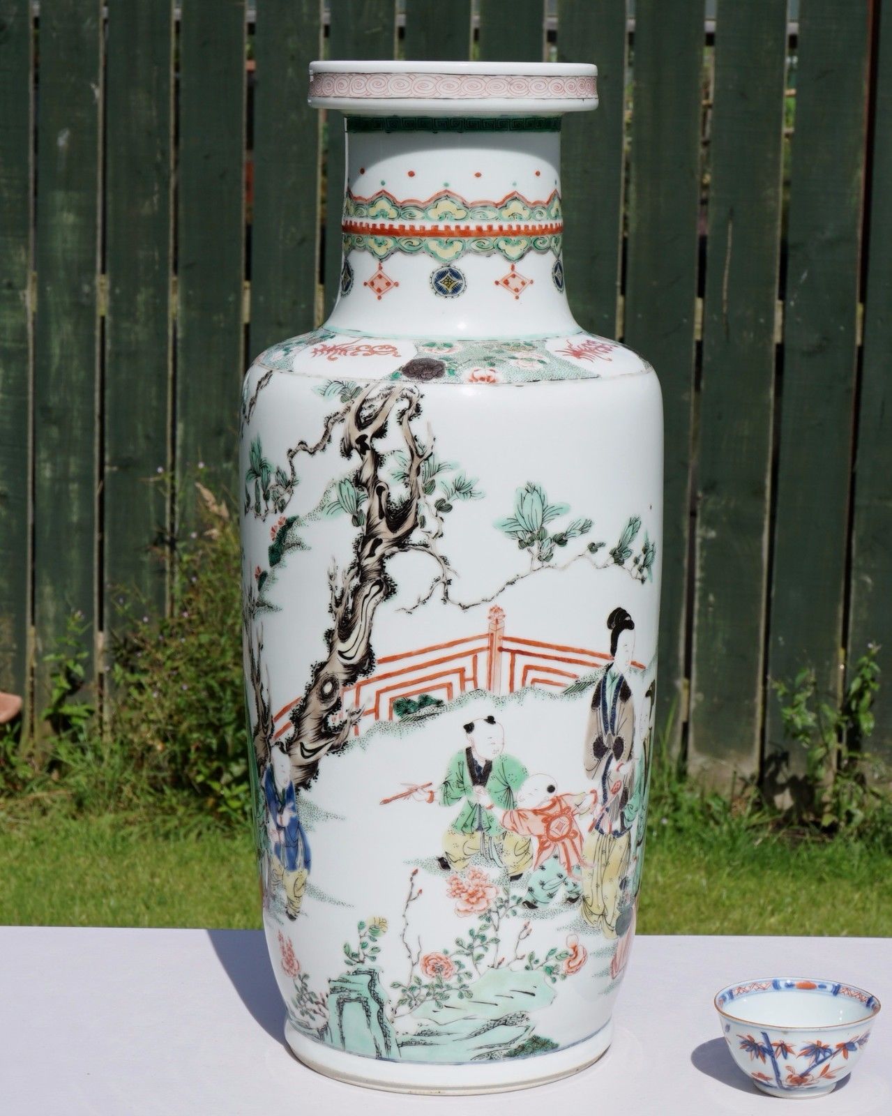 Important! HUGE 46cm Antique Chinese Porcelain Famille Verte ROULEAU Vase KANGXI