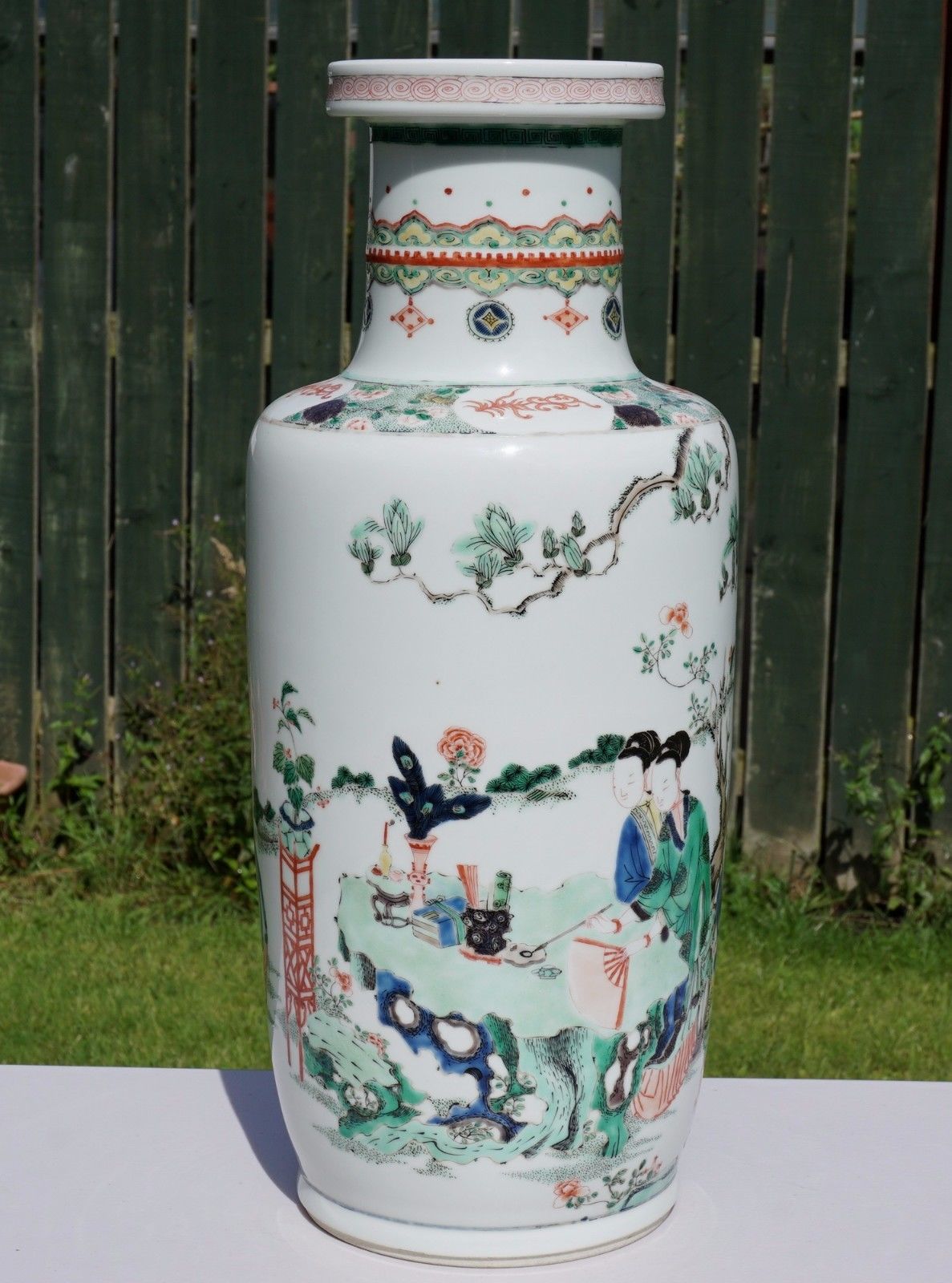 Important! HUGE 46cm Antique Chinese Porcelain Famille Verte ROULEAU Vase KANGXI