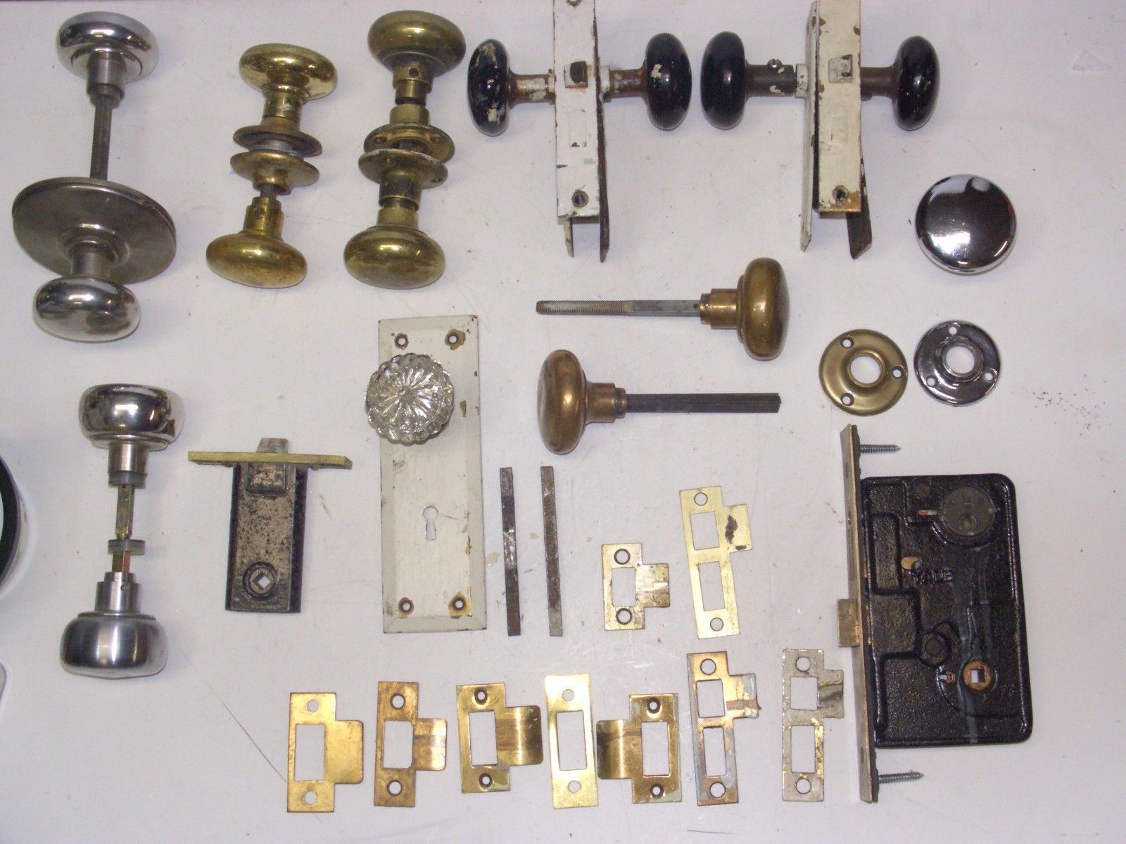Vintage Yale Mortise Lock Set Mixed Lot Door Hardware pieces Glass Brass