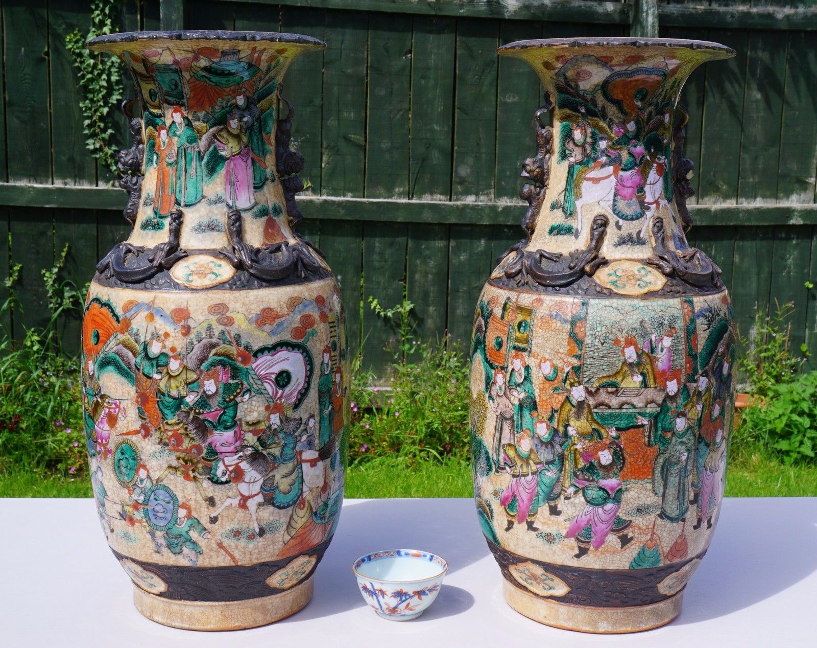 Pair LARGE 45cm Antique Chinese Porcelain Famille Verte Wucai Crackle Glaze Vase