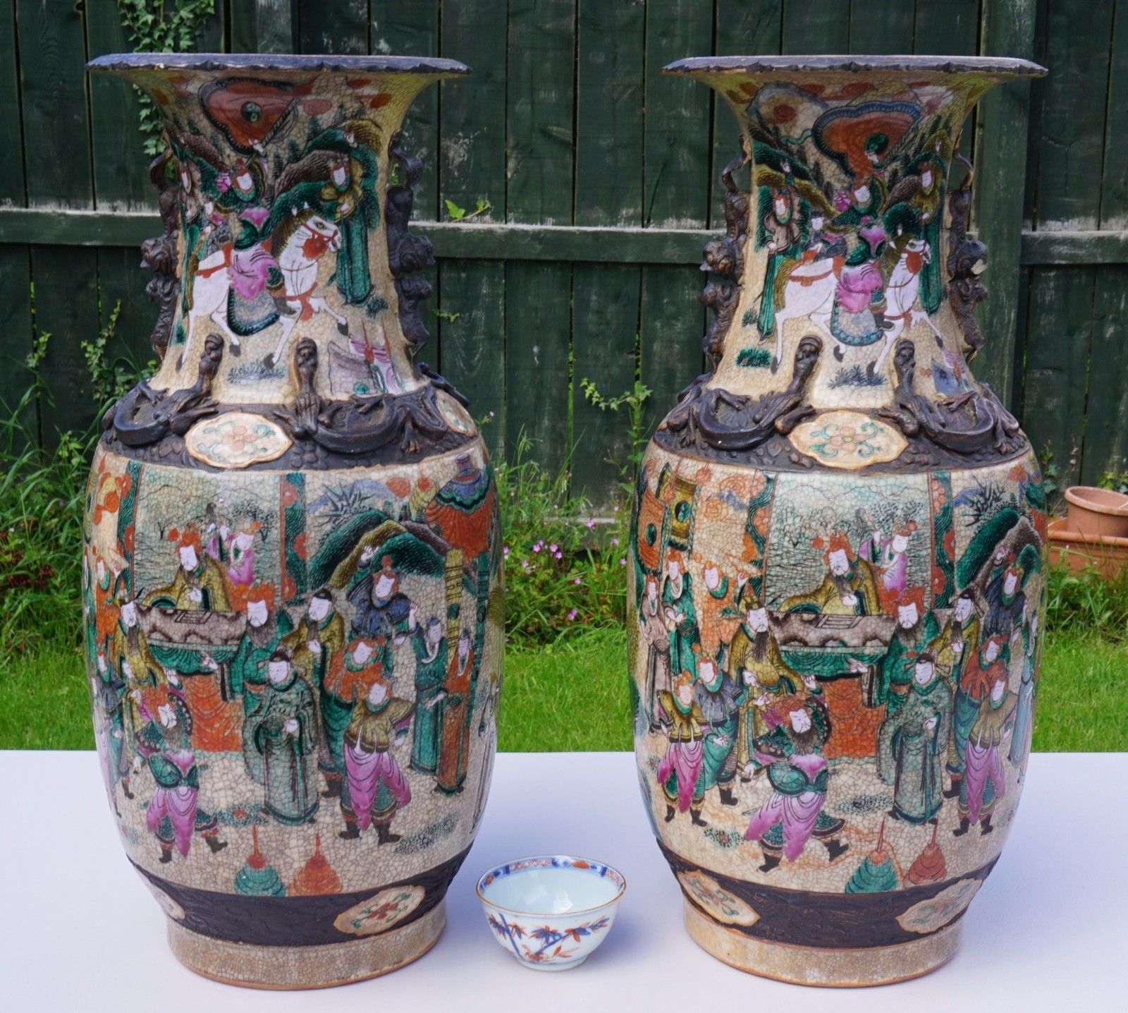 Pair LARGE 45cm Antique Chinese Porcelain Famille Verte Wucai Crackle Glaze Vase