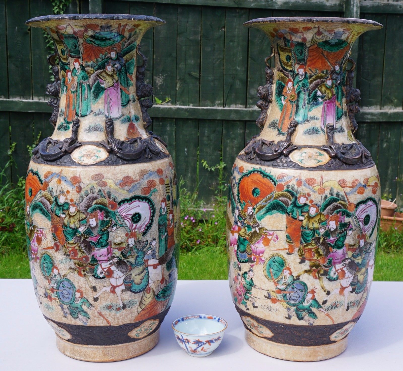 Pair LARGE 45cm Antique Chinese Porcelain Famille Verte Wucai Crackle Glaze Vase