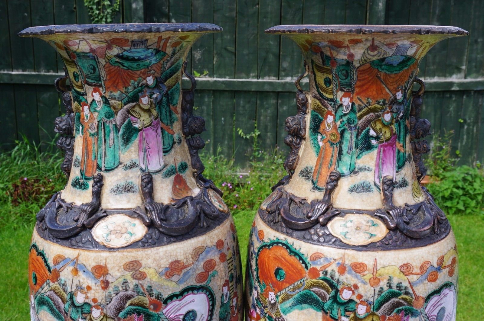 Pair LARGE 45cm Antique Chinese Porcelain Famille Verte Wucai Crackle Glaze Vase