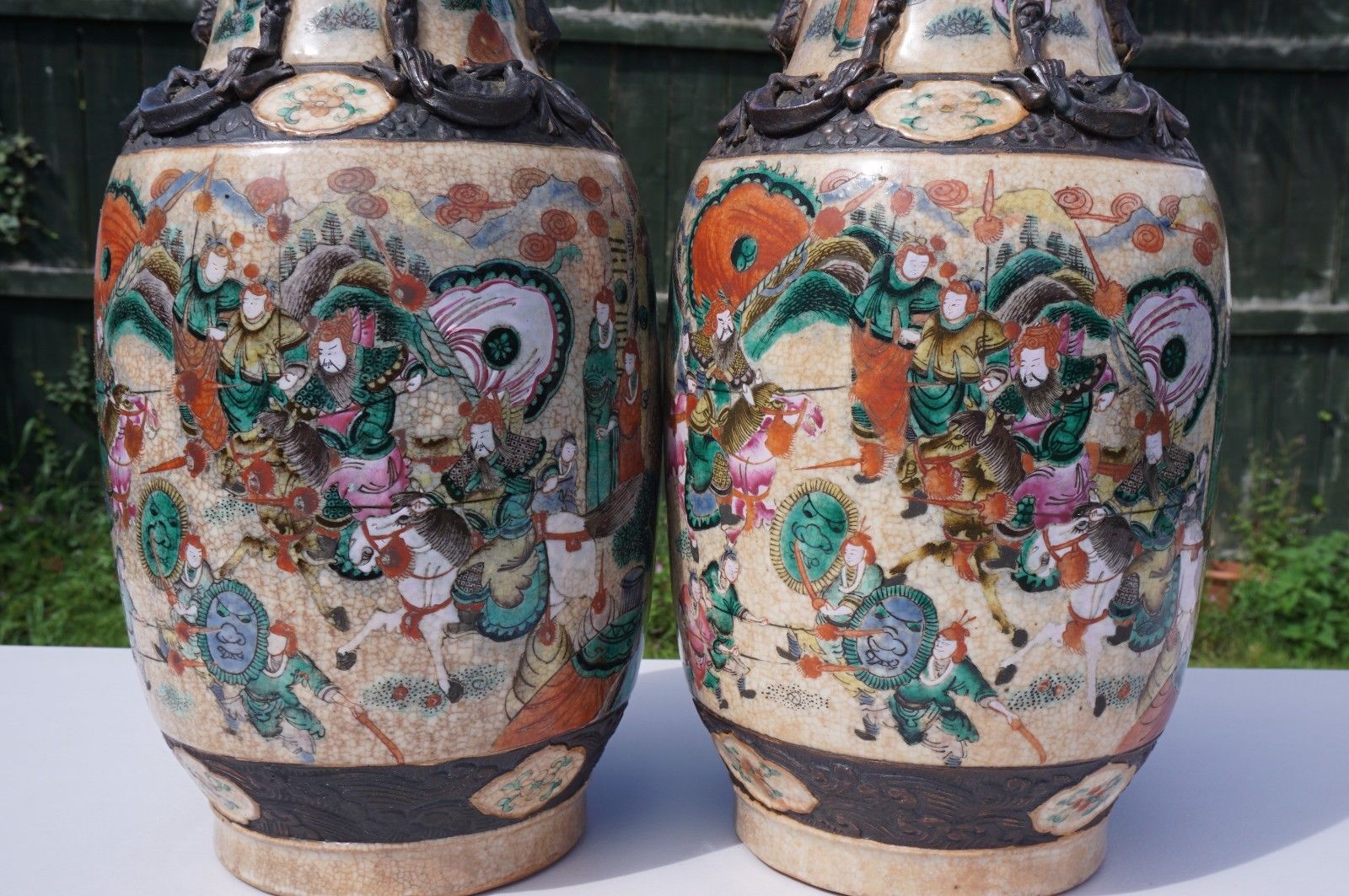 Pair LARGE 45cm Antique Chinese Porcelain Famille Verte Wucai Crackle Glaze Vase