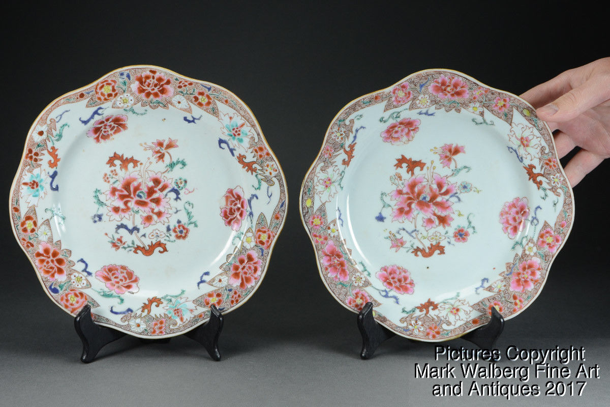 PAIR Chinese Export Famille Rose Porcelain Plate, Floral Designs, 18th Century