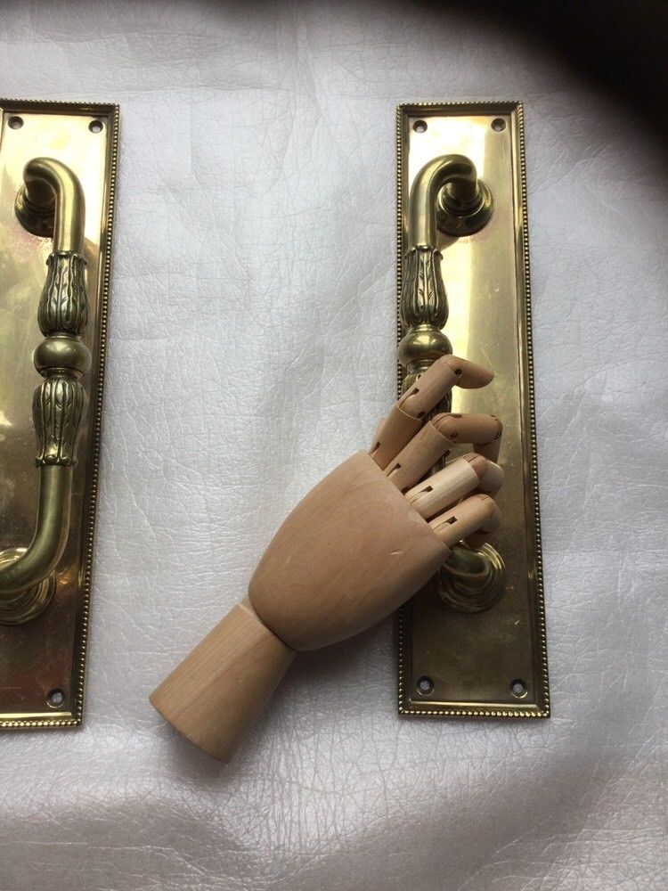 VINTAGE LARGE ORNATE PAIR RECLAIMED BRASS DOOR PUB HOTEL PULL HANDLES CAST IRON?