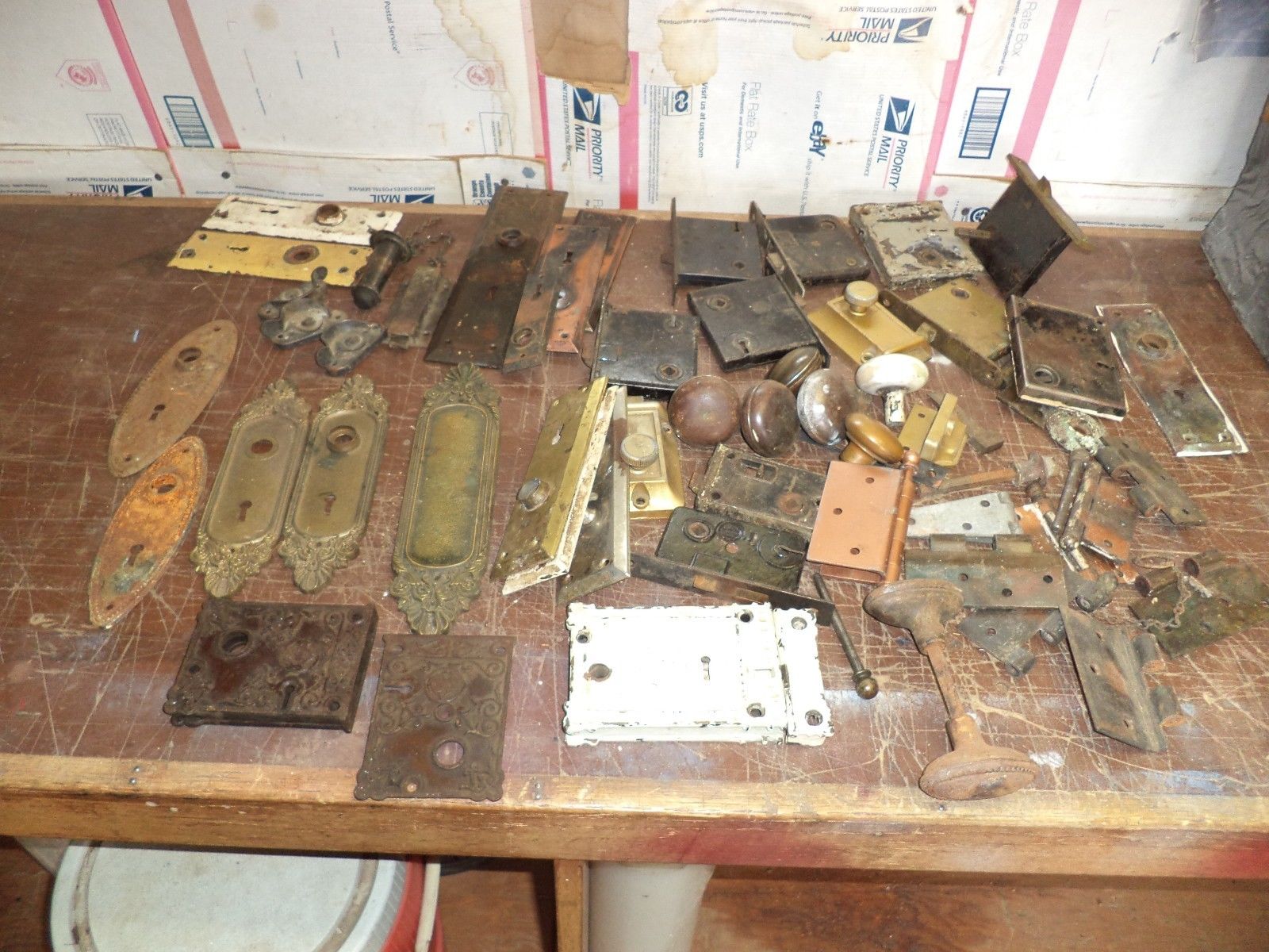 large LOT OF  VINTAGE door hardware brass cast iron some dated 1870